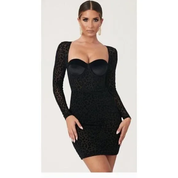 NWT Meshki black seara devore long sleeve corset top leopard mini dress size XS - Picture 1 of 13